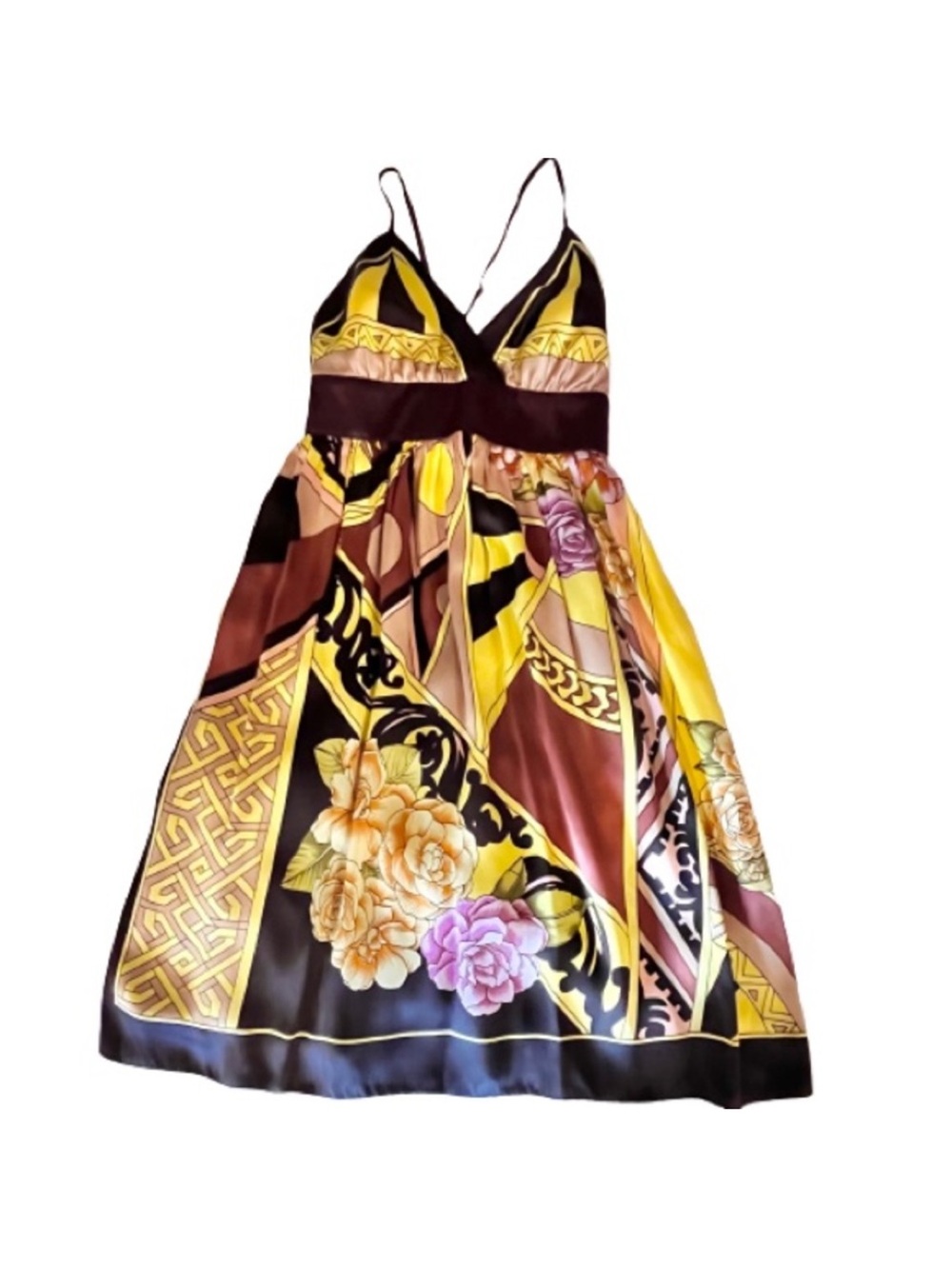 Silky V-Neck Flowy Yellow & Brown Pattern Spaghetti Strap Dress. 💕HOST PICK💕 - Picture 4 of 8
